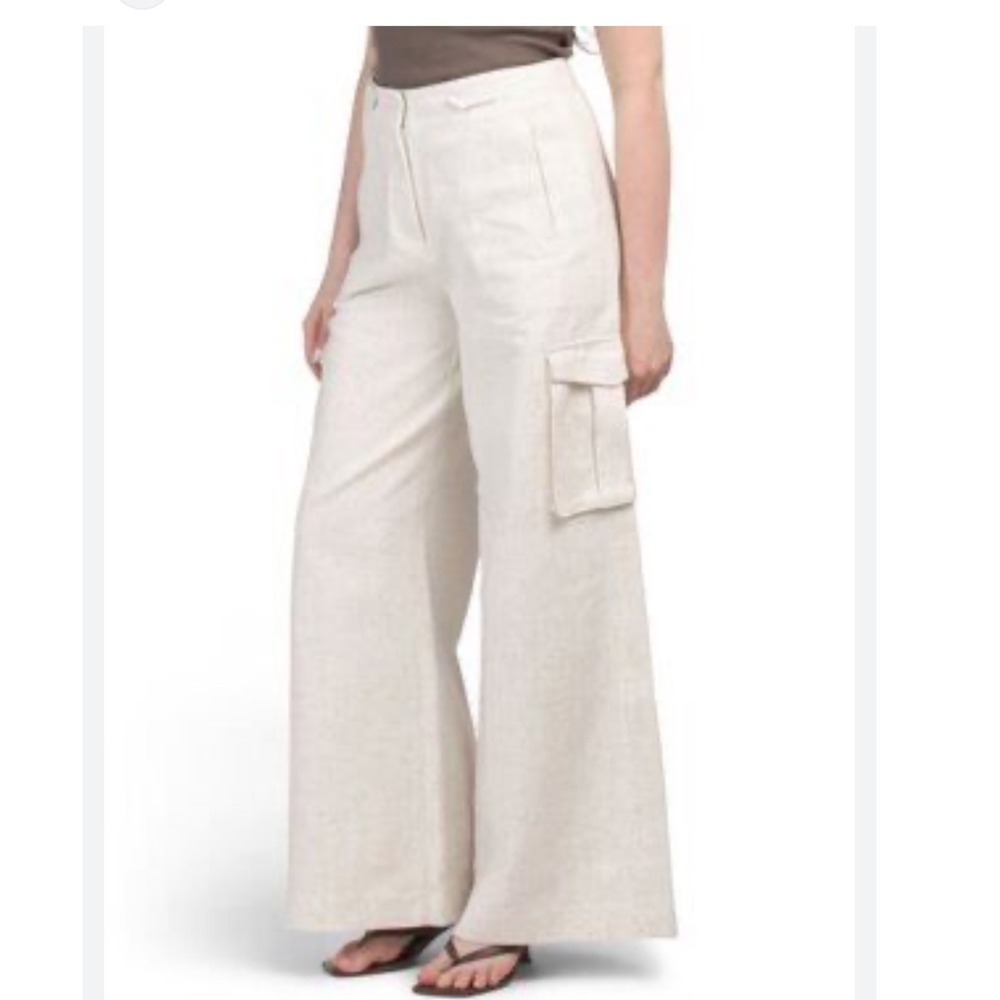 NWT Torn by Ronny Kobo oatmeal Cream Linen Bl Wide Leg Cargo Pants S M High Rise